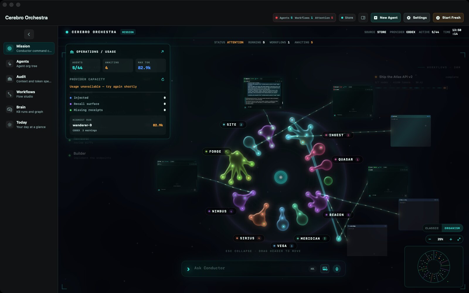 Cerebro Mission Canvas with nine project territories rendered as living organisms around the Conductor core, floating terminal cards, and live workflow telemetry