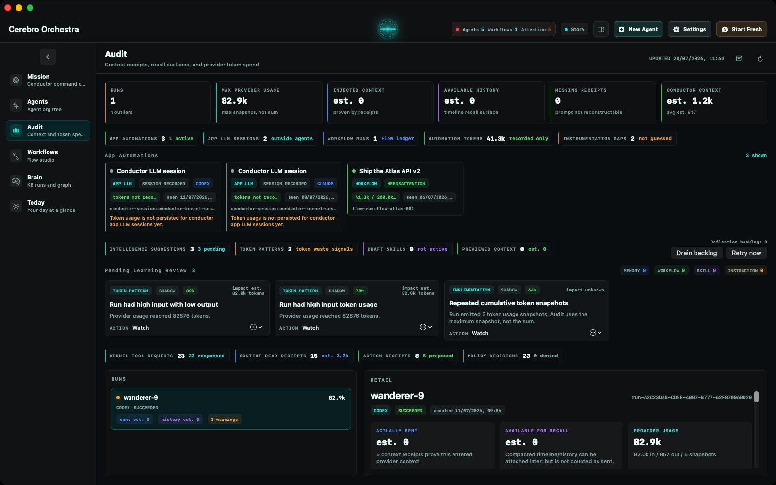 Audit tile: token spend, receipts, and learning review in one surface