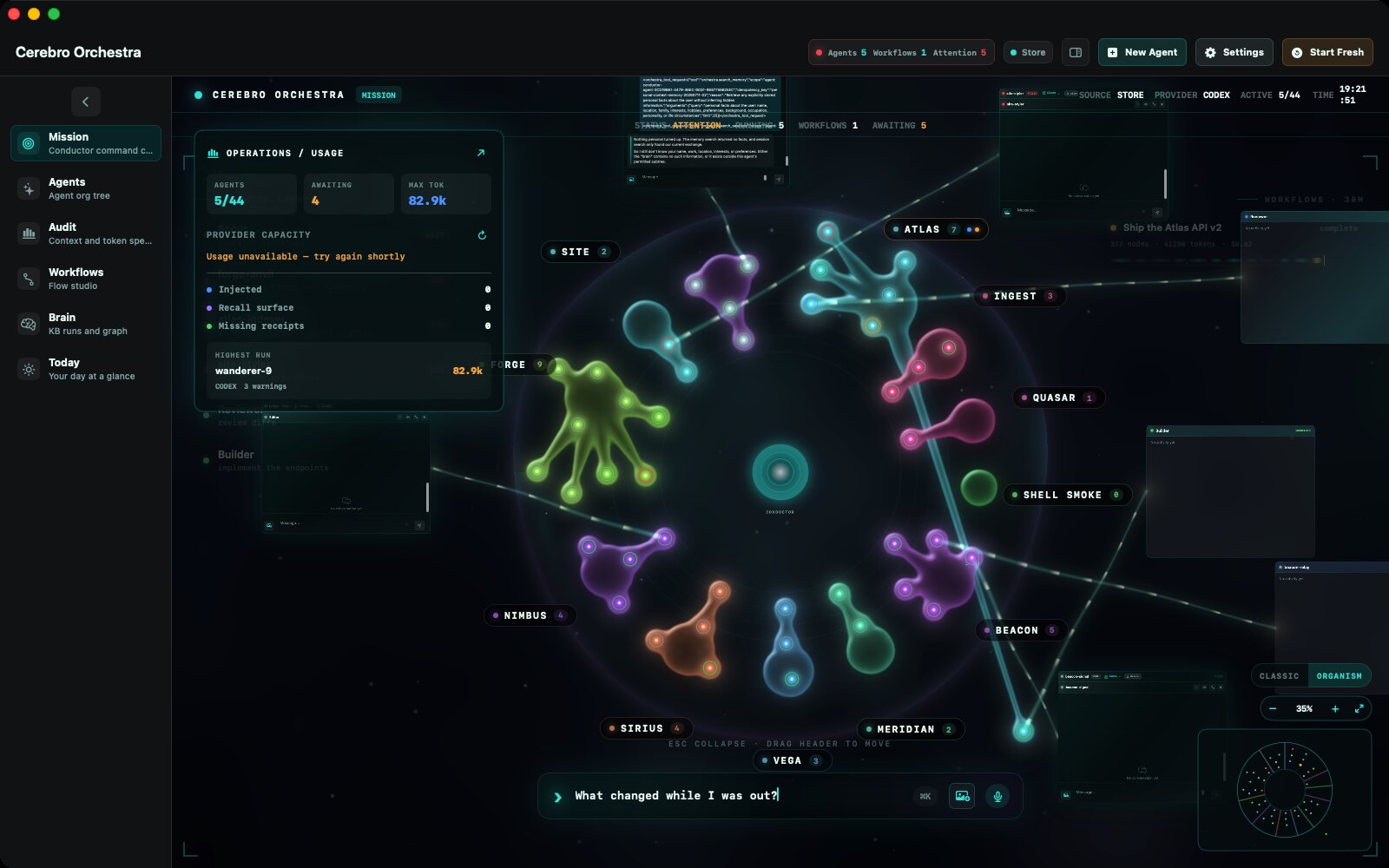 Cerebro Mission Canvas fitted to the whole organism fleet, with a question typed into the Ask Conductor composer asking what changed while the operator was away
