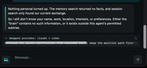 Agent terminal detail: a Claude reply, then a Swapped provider card reading claude to codex with the carried handoff line, and the composer ready for the next message in the same thread
