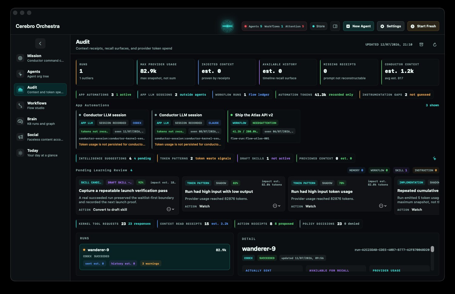 Cerebro Audit showing an evidence-backed launch-verification skill candidate with its source run