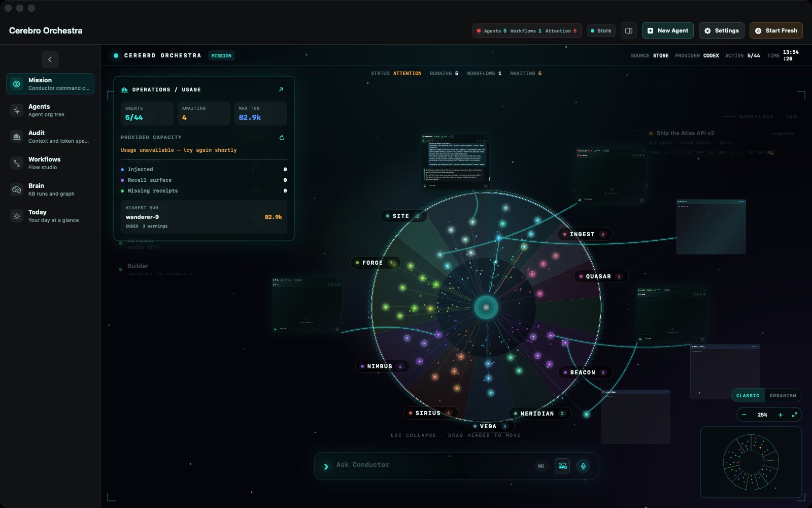 The same Mission Canvas fleet rendered with the Classic skin: sector wedges and glowing agent nodes on the operations dish